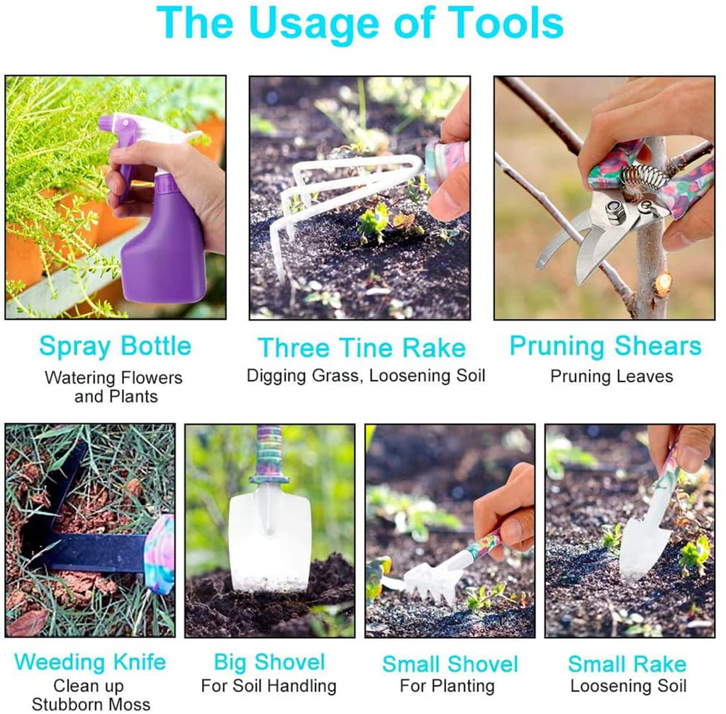 Gardening Tools, 10 Pieces Garden Tools with Floral Print, Ergonomic Handle Trowel Rake Weeder Pruner Shears