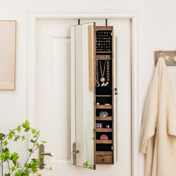 Wall Door Jewelry Armoire, 47.5" H Full Length Mirrored Jewelry Cabinet with 2 LED Lights and 2 Drawers, Lockable