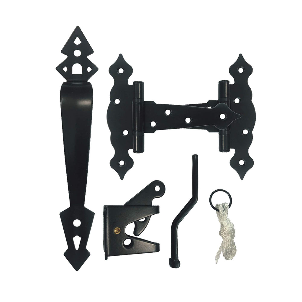 Black Decorative Ornamental Tee Hinge Set - Includes Handle, Hinges, Latch and Catch- 5"