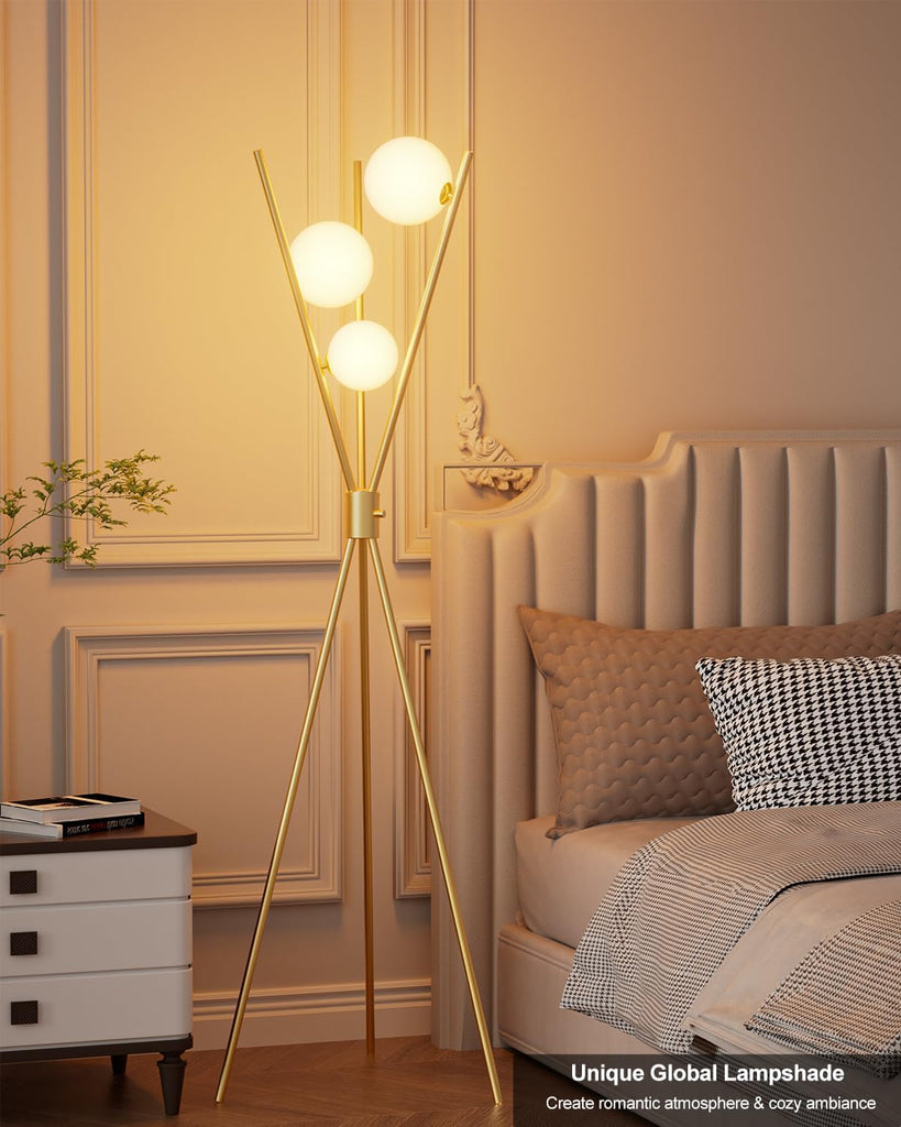 Tripod Floor Lamp Stepless Dimmable Globe Modern Floor Lamp Gold Standing Lamps with Stable Base& 3PCS 3000K Bulbs