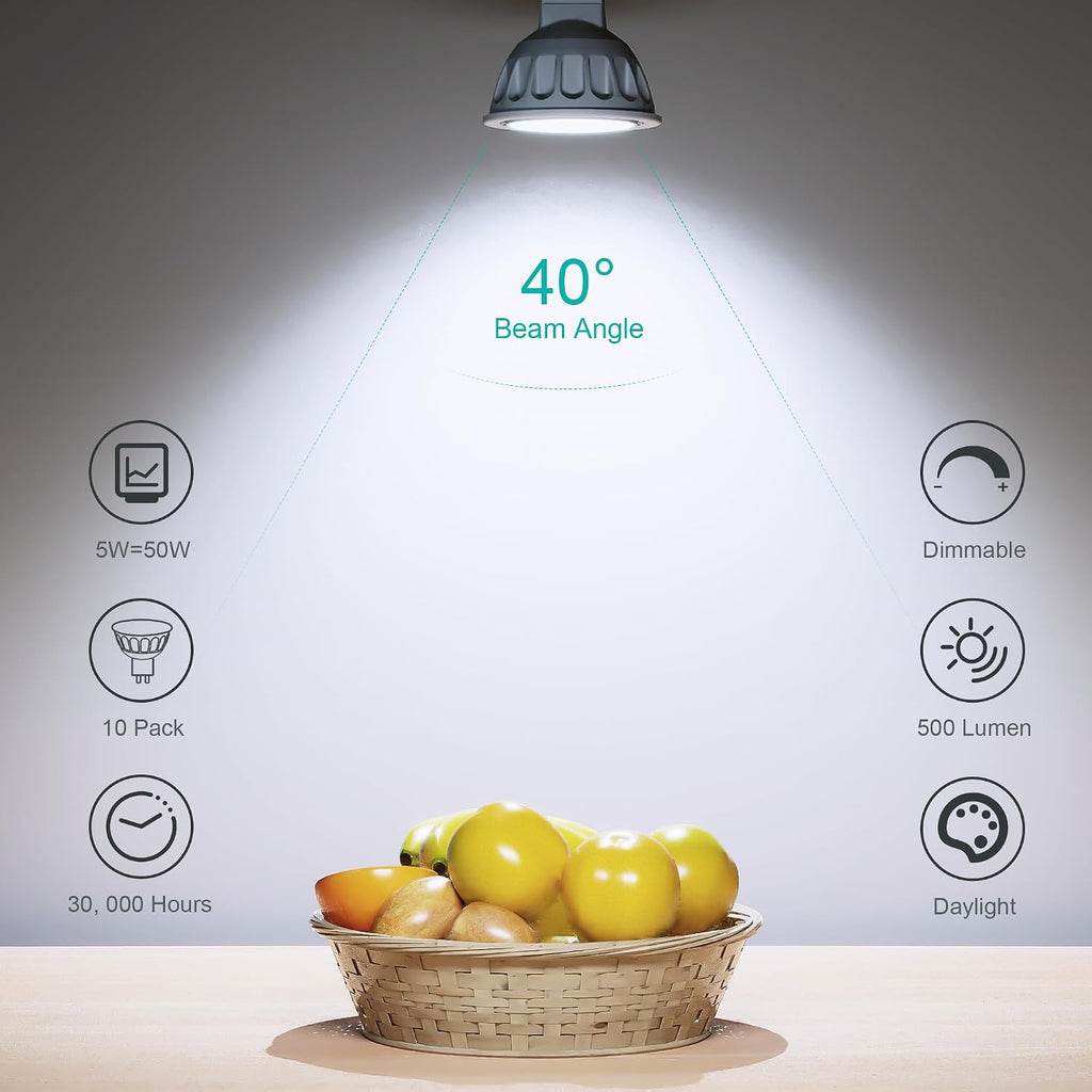 Dimmable MR16 LED Bulbs 10 Pack,5W 5000K Daylight 500LM (50W Equivalent) AC/DC 12V GU5.3 Bi-Pin Base 40° Beam Angle