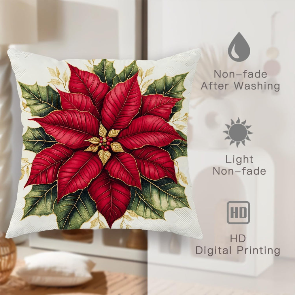 Retro Christmas Poinsettia Throw Pillow Covers 18x18, Soft Fun Xmas Plant Pillow Cases Kit with Zipper - Set of 2
