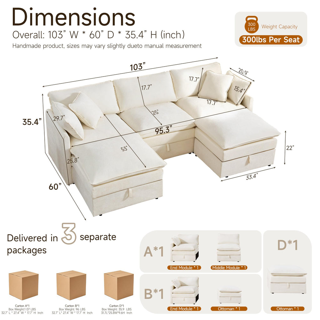 Modular Sofa with Storage, 103" U-Shape Sectional Cloud Couch, Oversized Fabric Couch with Movable Ottoman, 5 Seat