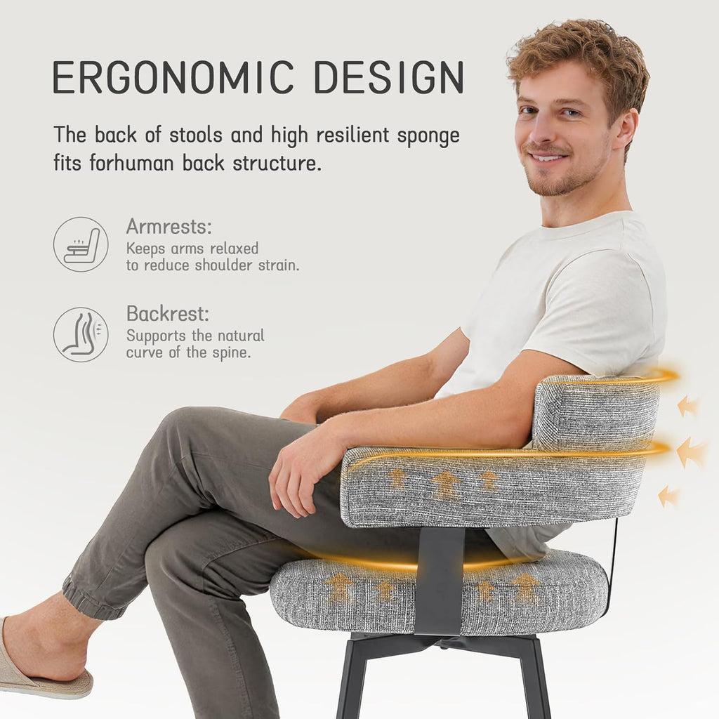 Counter Height Bar Stools with Full Back - Swivel Counter Stools Set of 2 with Linen Padded Back, Metal Footrest