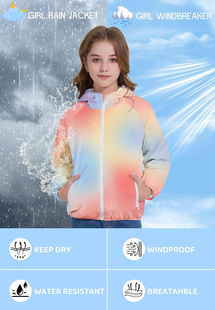 Girls Lightweight Rain Jacket Hooded Water-Resistant Windbreaker