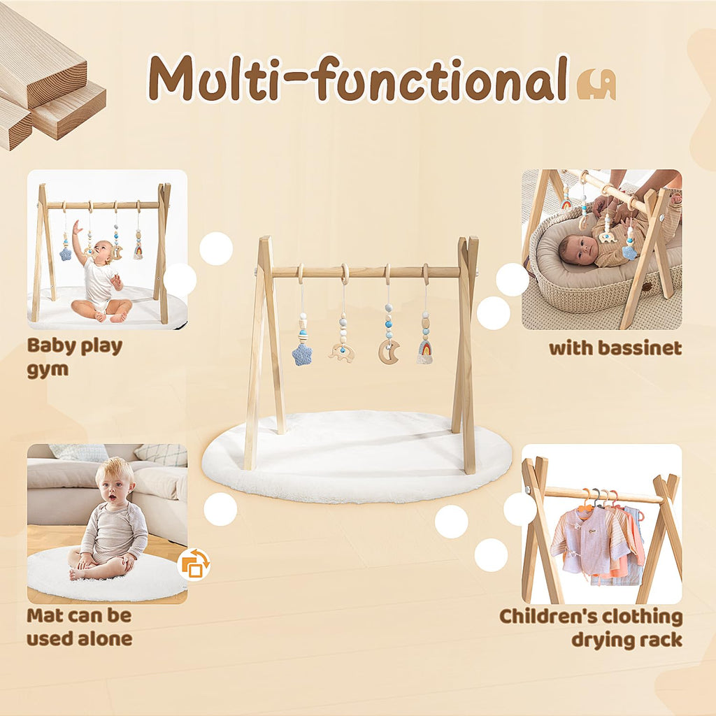 Wooden Baby Play Gym with Activity Mat, Foldable Baby Gym Frame with Hanging Sensory Toys for Newborn, Tummy Time