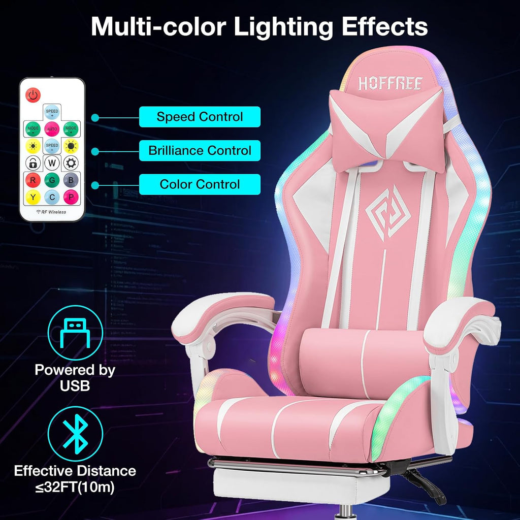 Pink Gaming Chair with RGB LED Lights Massage Computer Chairs for Girls | High Back Video Game Chair with Footrest &