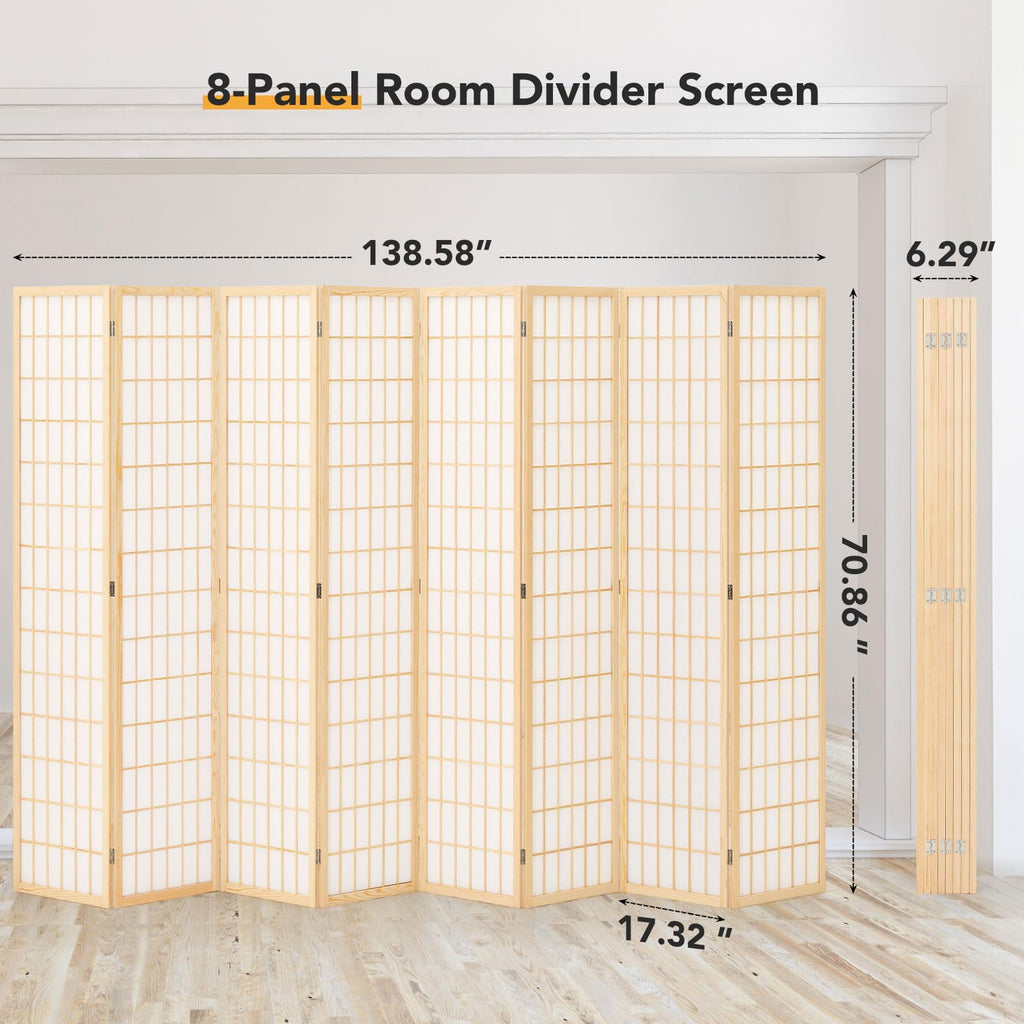 6ft Japanese Room Divider Wall, 8-Panel Shoji Privacy Screen 138" W