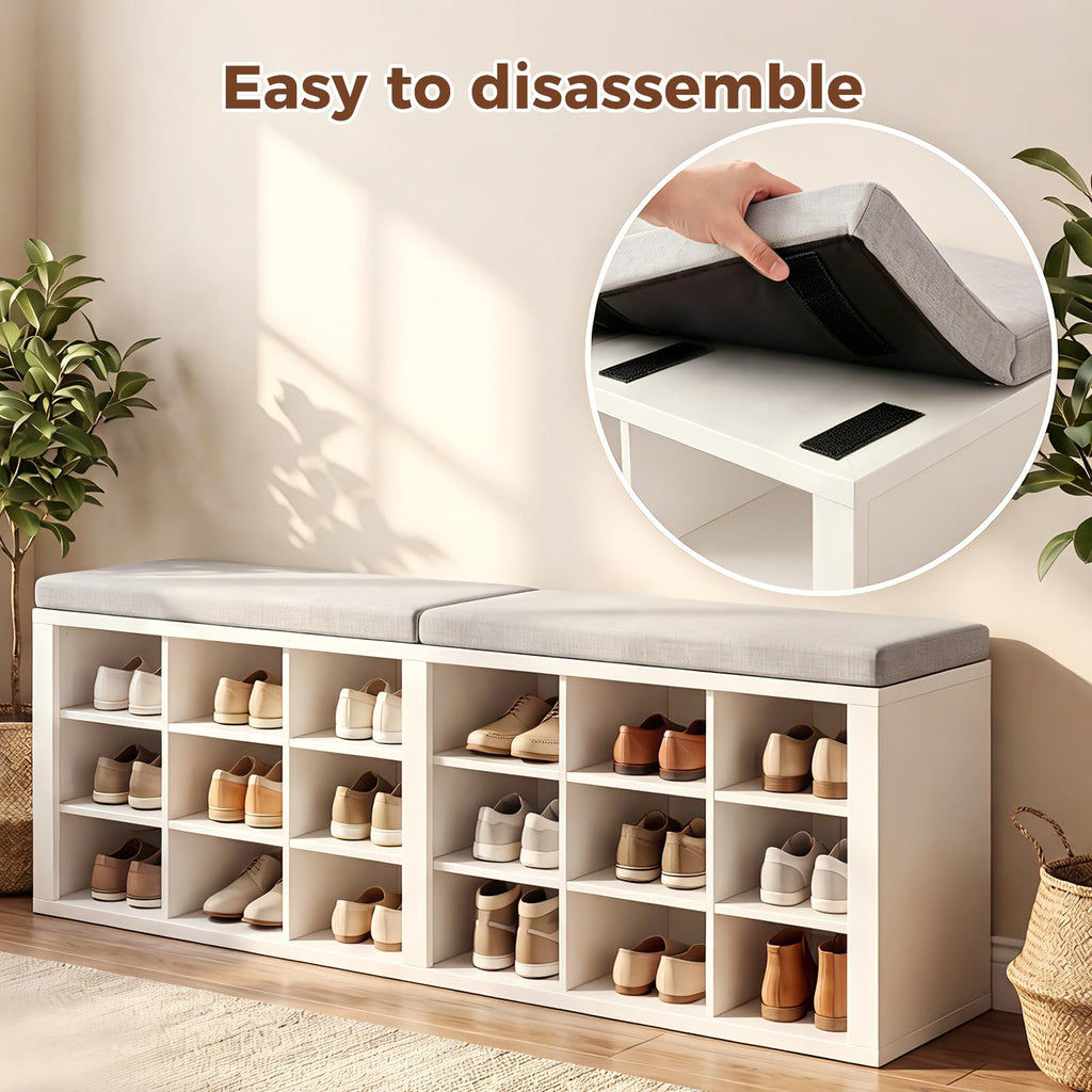 Shoe Rack Bench, Shoe Storage Bench with Cushion, Shoe Organizer 18 Cubbies Hallway Bedroom Living Room, Holds Up to