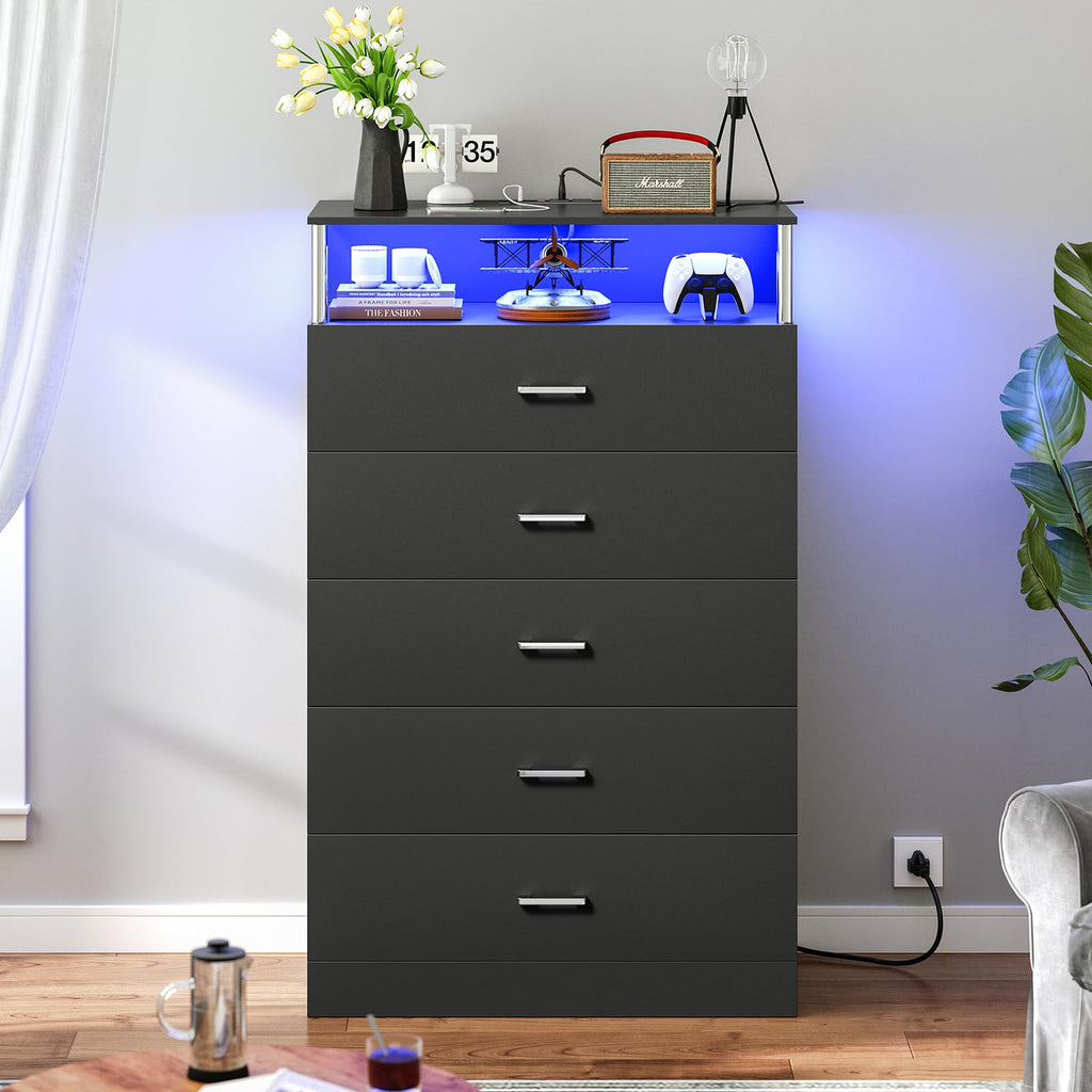 Black Dresser with Column Design & Charging Station, Led 5 Drawers Tall Dresser, Black