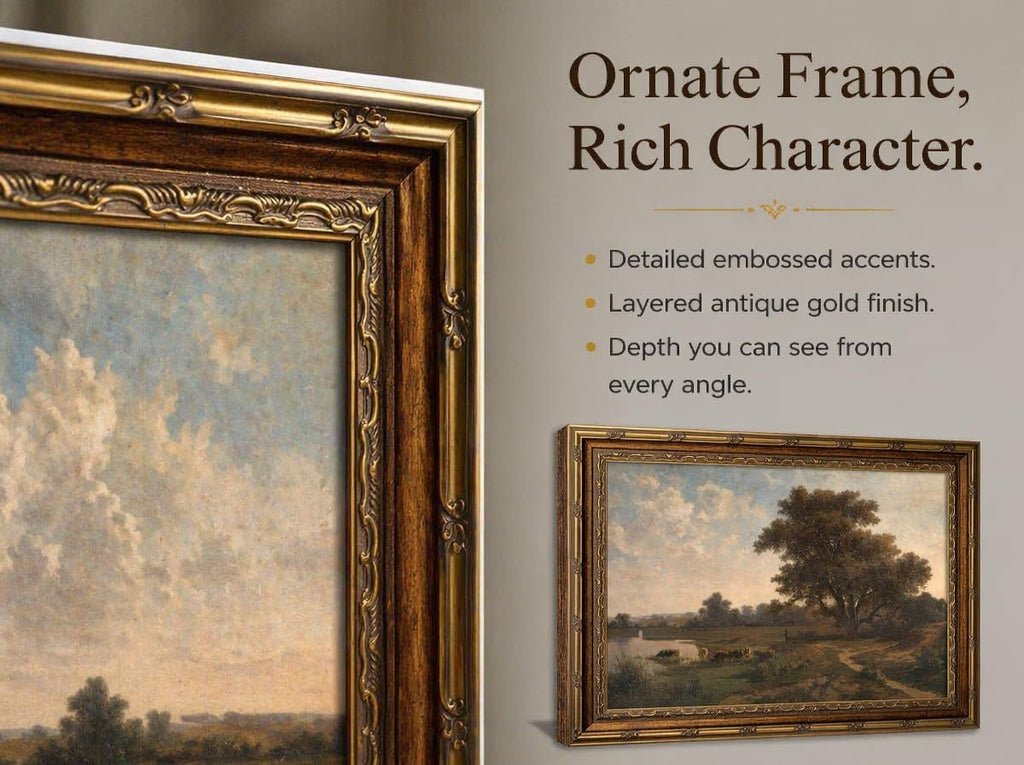 Vintage Gold Framed Landscape Wll ArtRetro Rustic Countryside Wall Decor Classic Rural River Scene Painting Picture