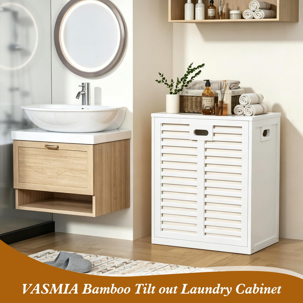 Tilt Out Laundry Hamper, Bamboo Laundry Cabinet with Hidden Removable Basket,Dirty Clothes Storage Organizer , White