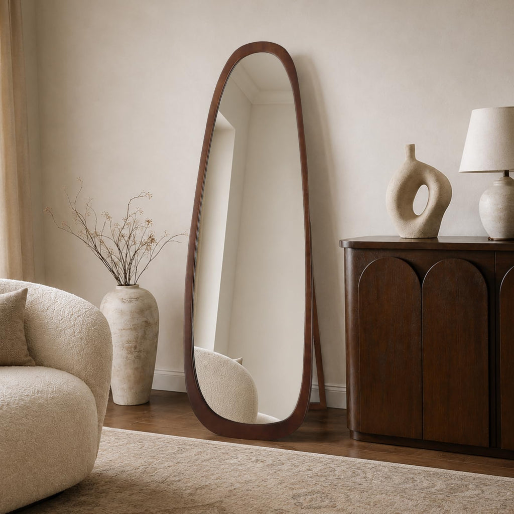 22x65 Inch Irregular Full Length Mirror with Stand, Floor Mirror with Wooden Frame,Full Body Mirror, Cloakroom, Dark