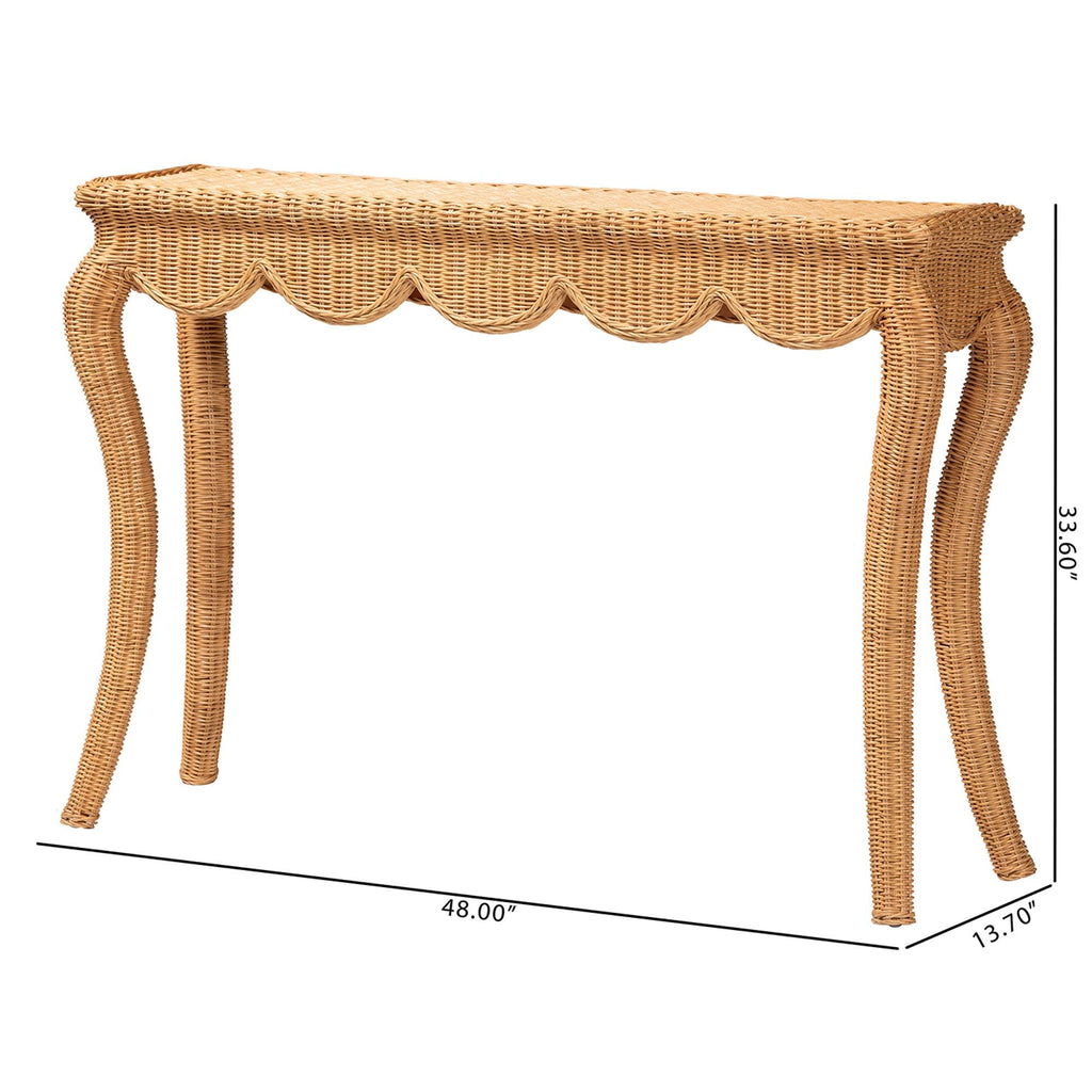 Deborah Natural Rattan Console Table - Handwoven Wicker Accent Table with Cabriole Legs, Scalloped Coastal Cottage