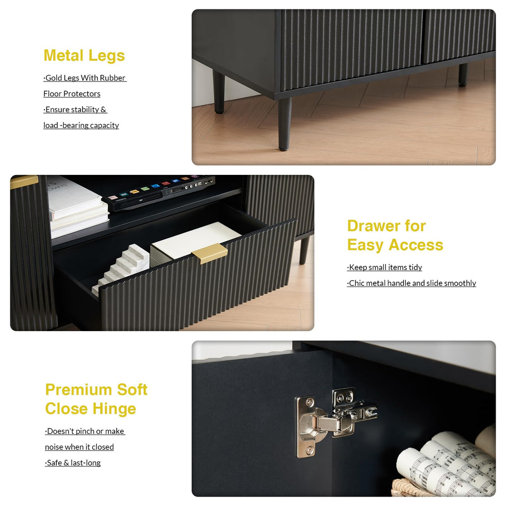 Black Fluted TV Stand for 65 Inch TVs with Storage