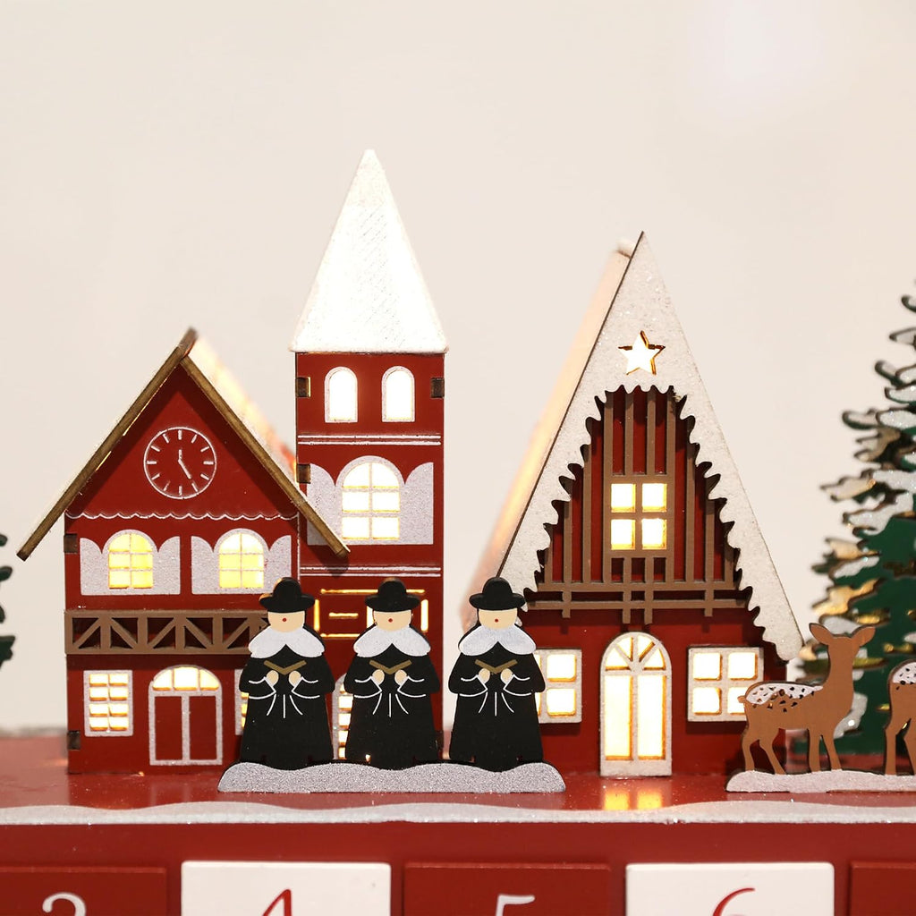 Christmas Wooden Advent Calendar with LED Lights, 24 Drawers Countdown to Christmas Festive Church Scene