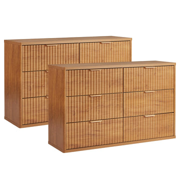 Fluted 6 Drawers Dresser Set of 2, 48" Wide Modern Chest of Drawers with Metal Handle, Brown Curved Profile Farmhouse