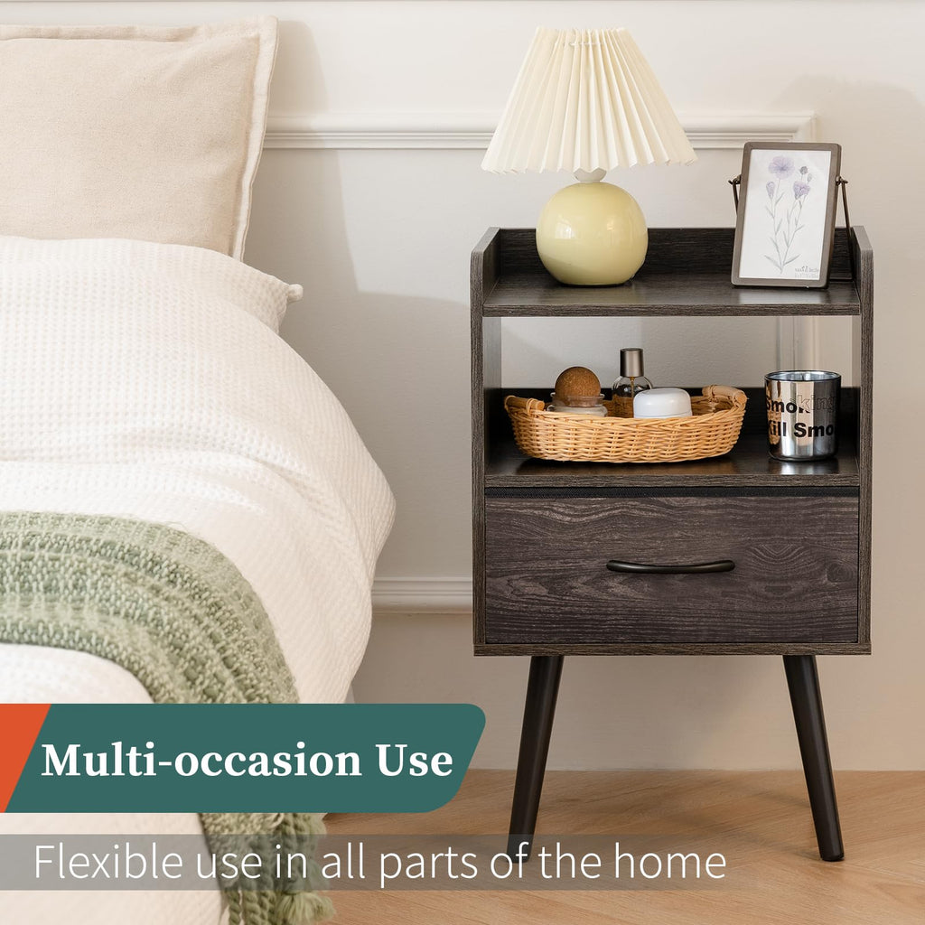 Night Stand with Fabric Drawer, Modern Nightstand, Bedside Tables, Mid Century Nightstands with Open Storage Shelf