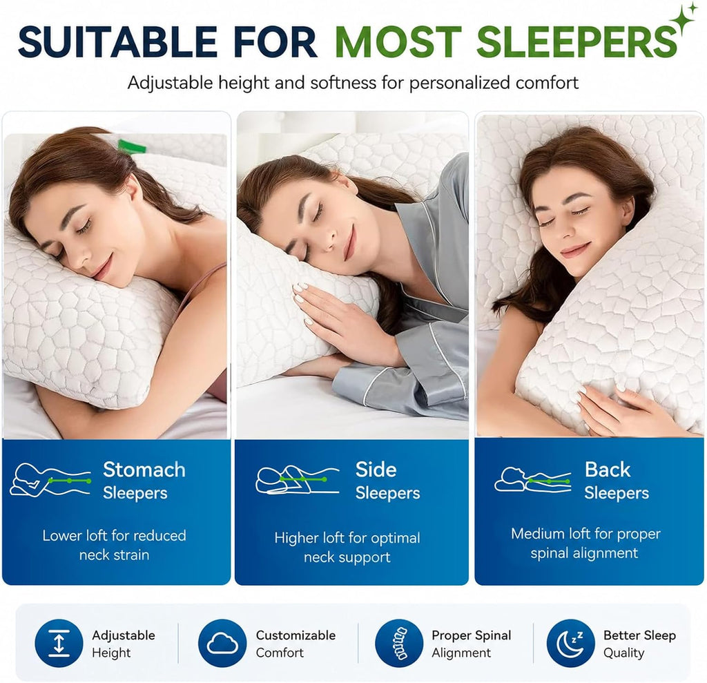 Cooling Pillow Queen Size Set of 2, CertiPUR-US Shredded Memory Foam Pillows for Sleeping, Cool Bed Pillows for Hot