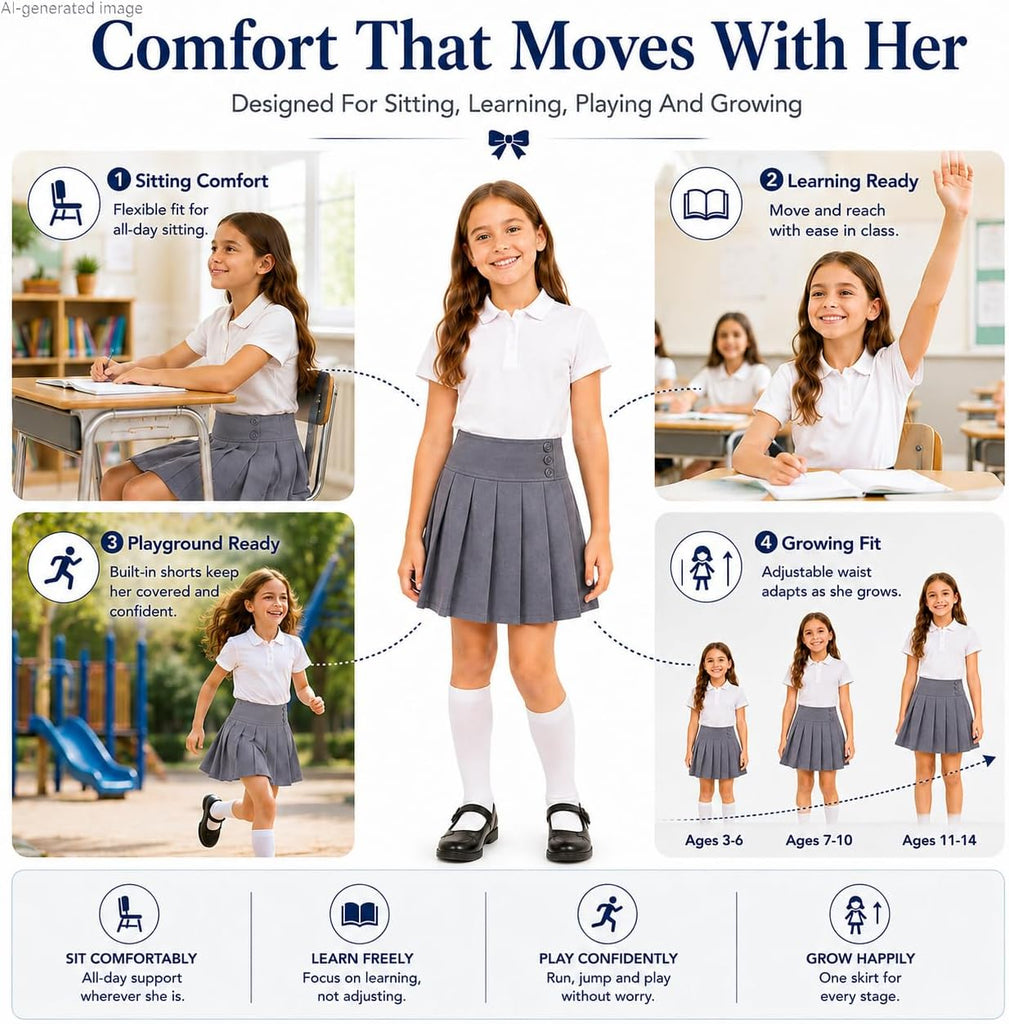 Girls Uniform Pleated Skirt: Adjustable Waist Skort