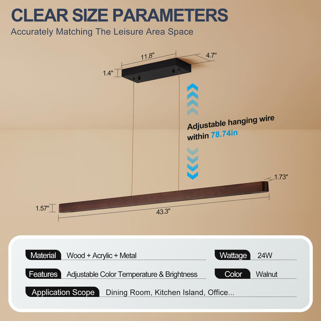 43" Wood Linear Pendant Light, Dimmable Kitchen Island Lighting with Remote, 24W LED Hanging Pendant Light