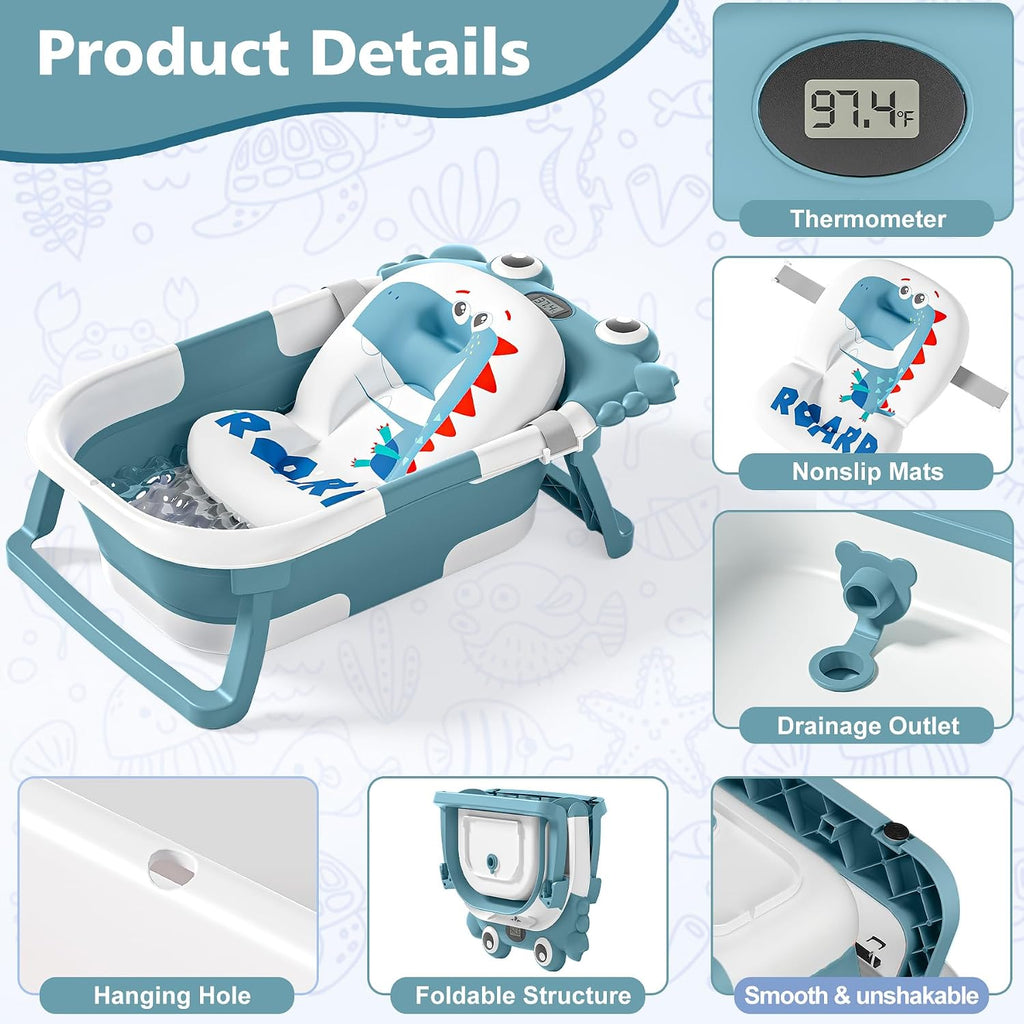 Collapsible Baby Bathtub for Newborns with Thermometer and Soft Floating Cushion Portable and Foldable Travel Baby