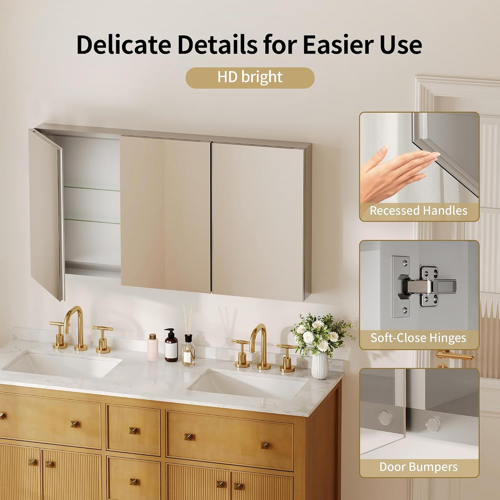 Pre-Assembled Medicine Cabinet with Mirror, 48" W x 26" H | Bathroom Mirror with Storage, 3 Doors Frameless Modern