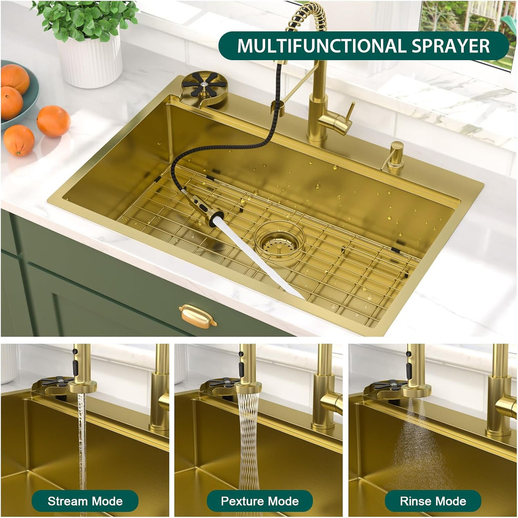 30x22 Gold Drop Sink with Faucet, Workstation 16 Gauge T-304 Stainless Steel Single Bowl Topmount Kitchen Sinks with