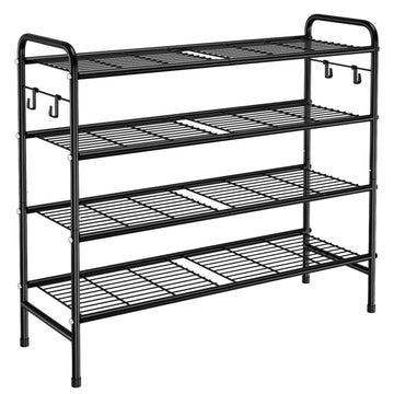 4-Tier Shoe Rack 33" Wide Metal Shoe Organizer Long Shoe Storage with 4 Side Hooks Sturdy Shoes Shelf for Closet