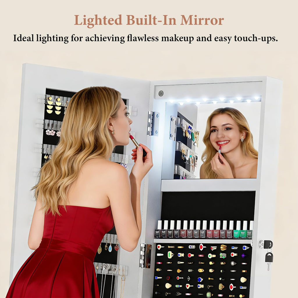 Rotatable 6 LEDs Jewelry Armoire With Drawer, White