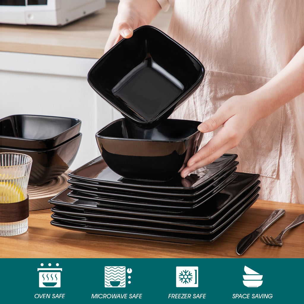 Soho Dinnerware Sets 12 Pieces, Black Stoneware Square Place Setting, Plates and Bowls Sets, Dinner Plate, Dishes Set