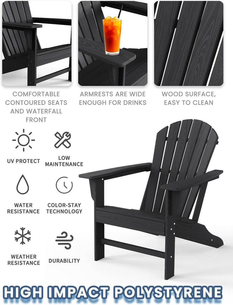 Farmhouse Adirondack Chair Wood Texture, Poly Lumber Patio Chairs, Pre-Assembled Weather Resistant Outdoor Chairs for