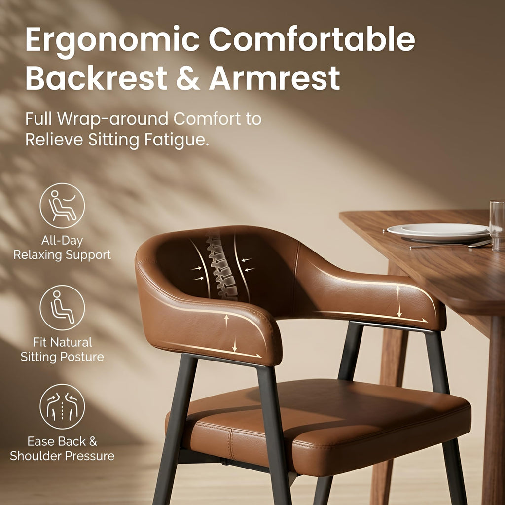 Modern Dining Room Arm Chairs Set of 6, Retro Faux Leather Upholstered Barrel Dining Chairs with Arms Mid-Century