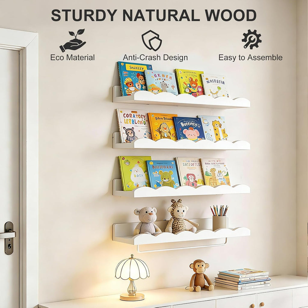 Nursery Shelves, 16.5 Inch Floating Bookshelves for Wall Set of 4, Scalloped Wall Book Shelves with Towel Rack