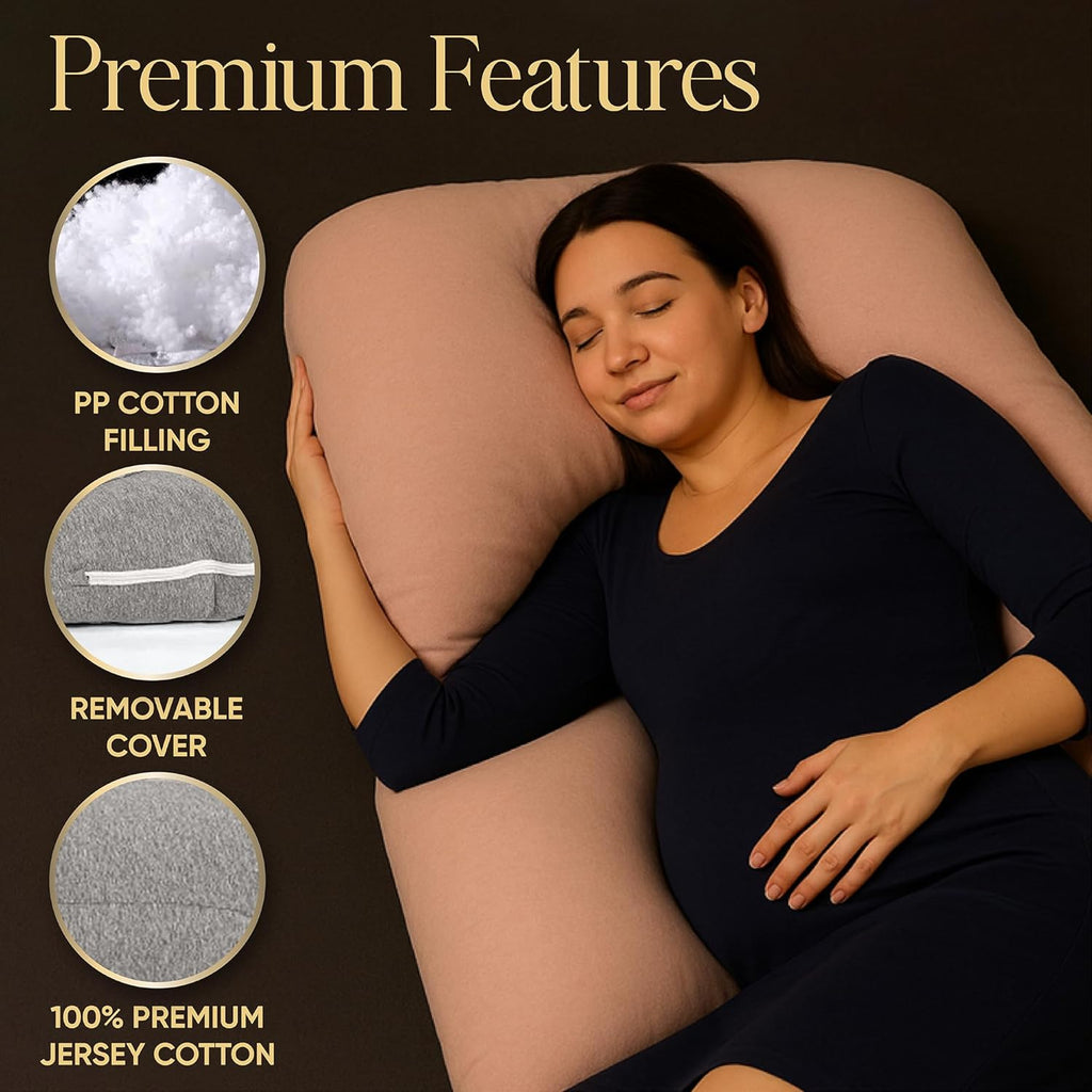 U-Shaped Pregnancy Pillow - 100% Cotton Cover, Full Body Maternity Support for Belly, Back and Legs - Bonus Eye Mask