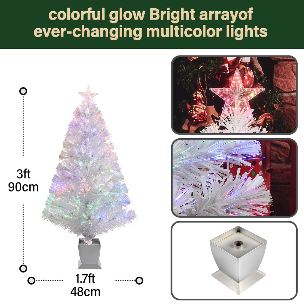 3ft White Fiber Optic Christmas Tree, Pre-Lit Artificial Mini Christmas Tree