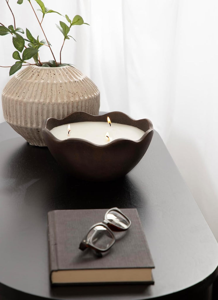 Alessia Scalloped Round Metal Candle Bowl, 8 Inch Diameter, Bronze, Modern Three-Wick Unscented Candle