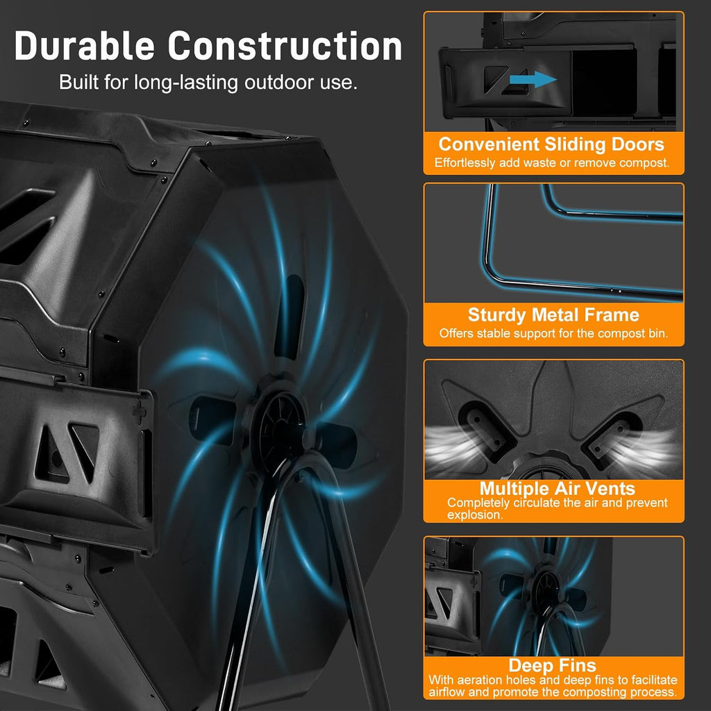 42 Gallon Outdoor Compost Tumbler Dual Chamber, Rotating Batch Compost Bin with 360° Tumbling Design, Heavy Duty