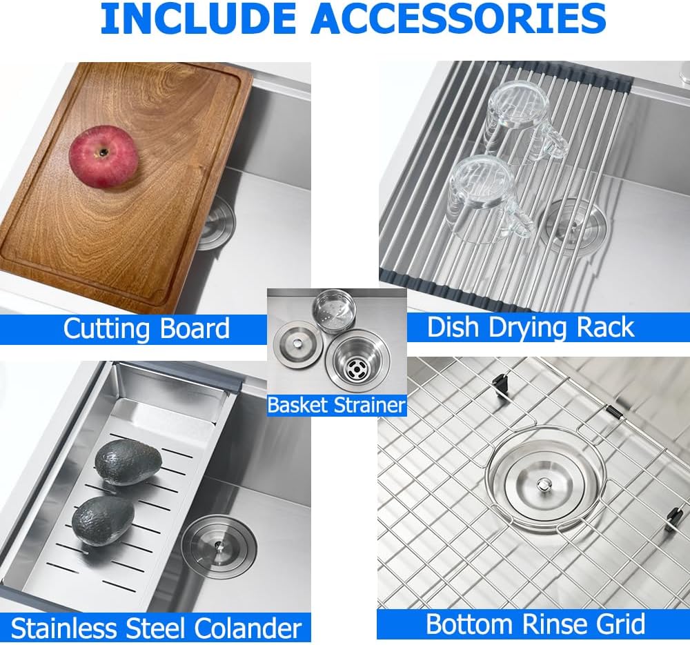 33x19 Drop Sink Workstation | Top Mount Stainless Steel 16 Gauge Handmade 10 inch Deep Single Bowl Kitchen Sink