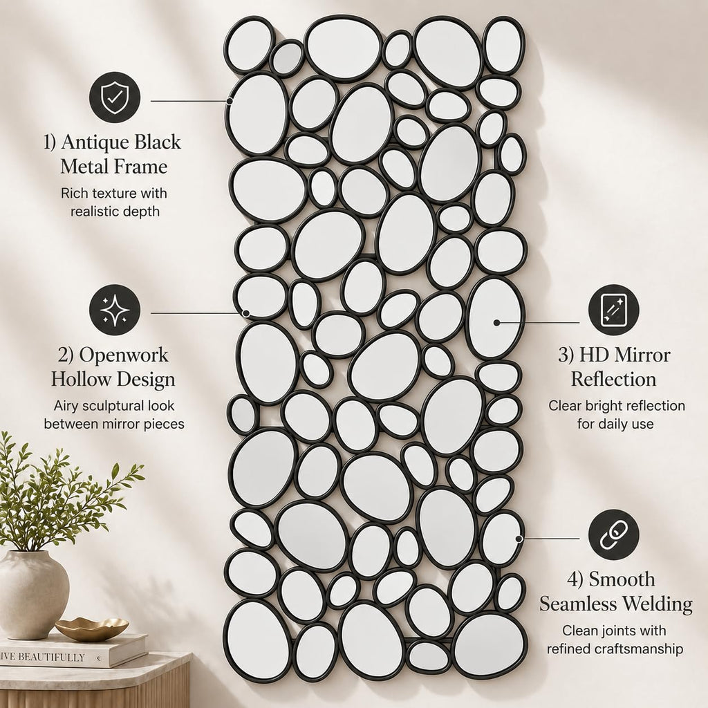 Black Mosaic Wall Mirror, 27.55" x 55" Large Pebble Geometric Decorative Mirror with 71 Irregular Mirror Pieces