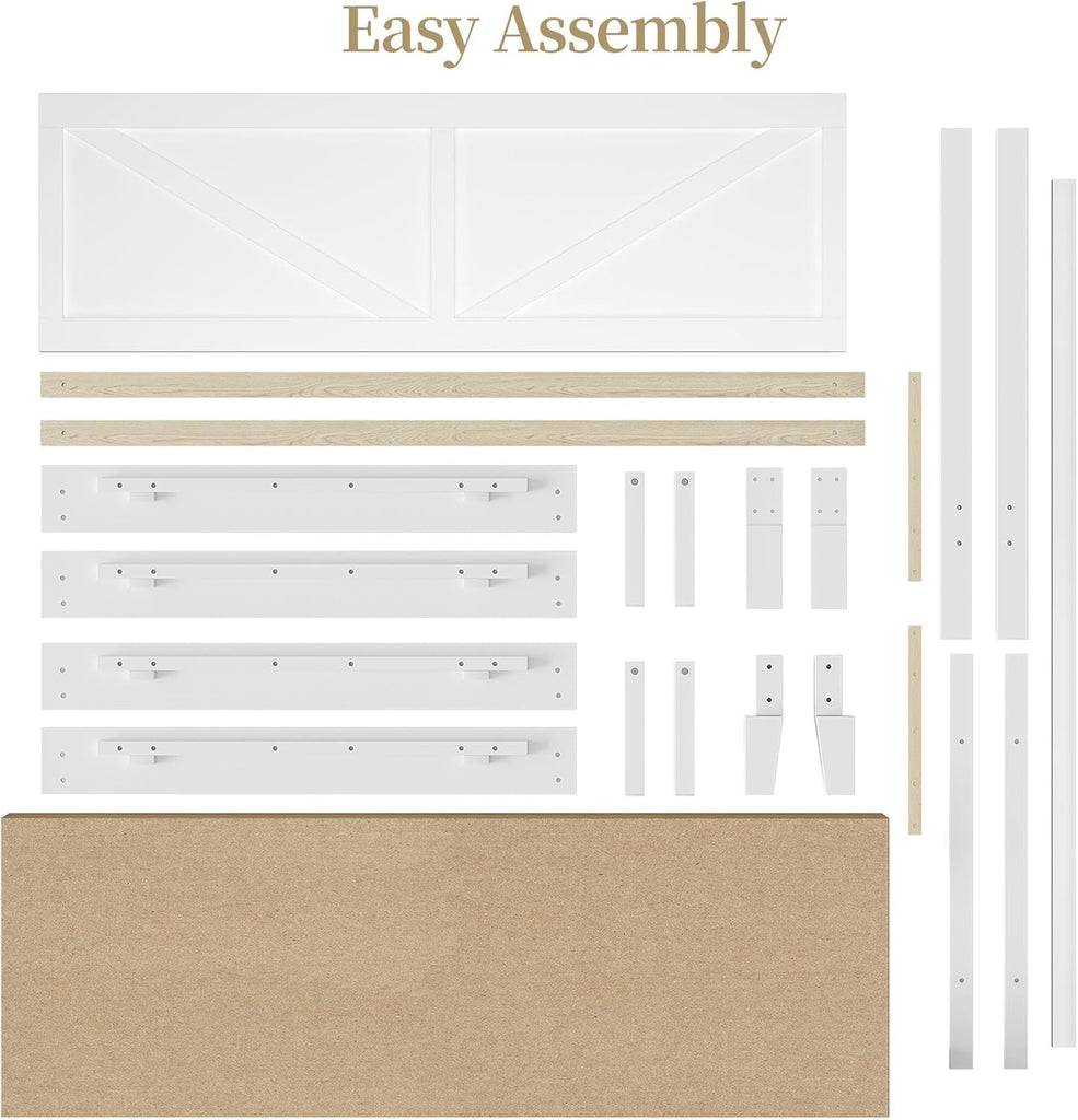 Wood Bed Full, Farmhouse White Rubberwood Platform Bed Frame with V-Designed Headboard, Sturdy Wooden Support Slats