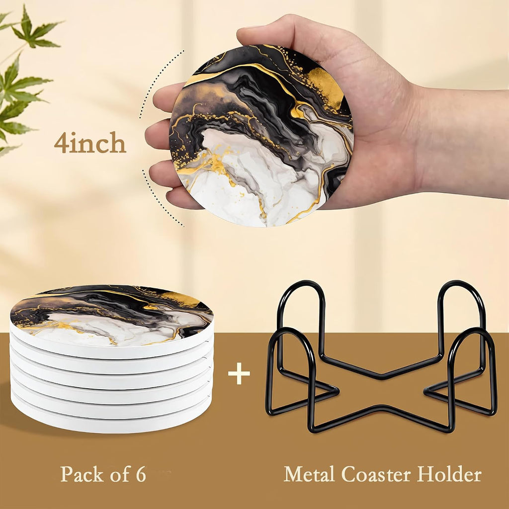 Black Gold Marble Ceramic Coaster, Water-Absorbent Beverage Pads for Dining Table Decor & Glass Protection - Set of 6