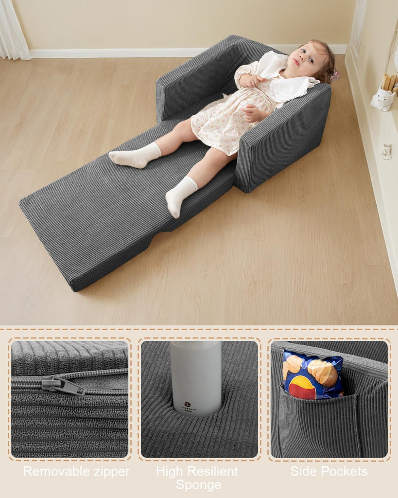 In-1 Kids Chair and Couch, Cozy Corduroy Kids Sofa, Grey