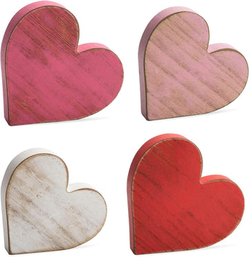 Wooden Hearts Valentines Decorations Indoor, Wood Heart Blocks Tiered Tray Decor, Red Pink White Valentine - Set of 4