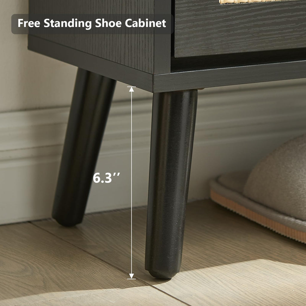 Rattan Shoe Storage Cabinet with 2 Flip Doors, Wood Narrow Shoes Cabinet with Adjustable Shelves, Freestanding Hidden