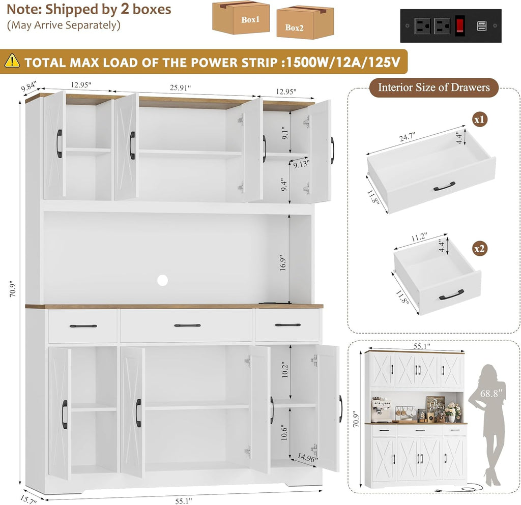 71" Tall Kitchen Pantry Storage Cabinet, 55" W Kitchen Hutch, White | Large Pantry Cabinet with Charging Station /