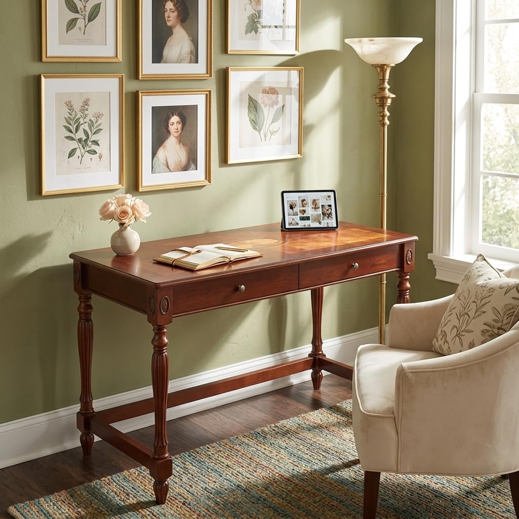 Solid Wood Computer Desk with 2 Drawers, Traditional Vanity Dressing Table, 46" Home Office Writing Desk, Workstation