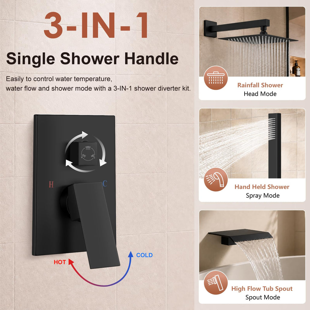 Shower System with Tub Spout, 10 Inch Shower Head, Matte Black