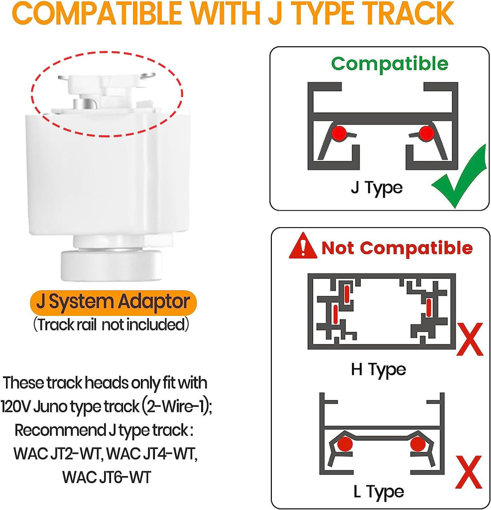 J Type Track Lighting Heads Dimmable, White, Pack of 6