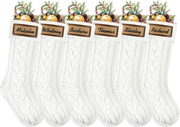 Christmas Stockings, 18inch Large White Cable Knitted Stocking Personalized Xmas Hanging Stocking with Leather - Set of 6